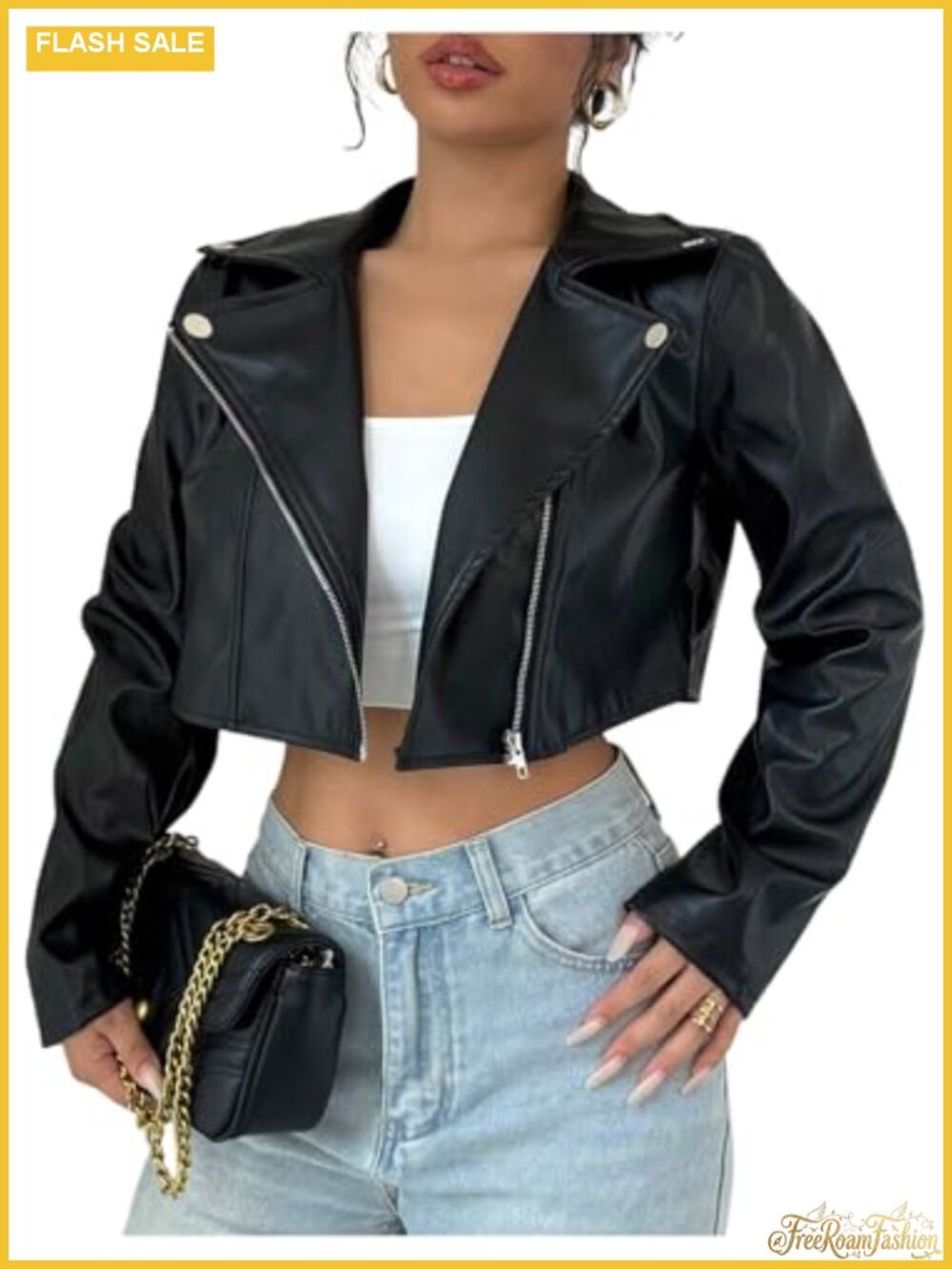 PU Leather Cropped Moto Jacket Zip Up Notched Lapel Faux Leather Coat